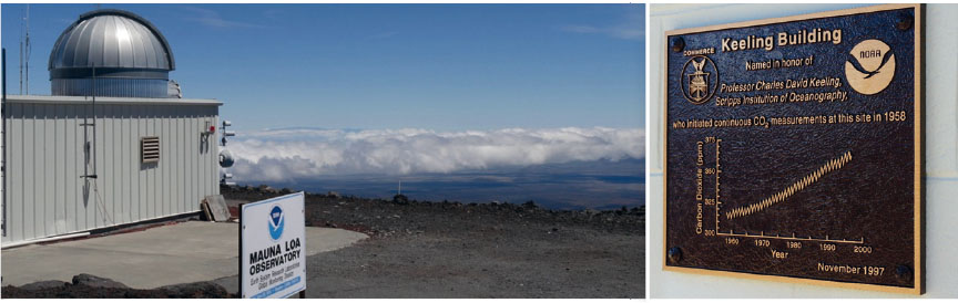 Observatorio del Mauna Loa y placa en honor a Keeling