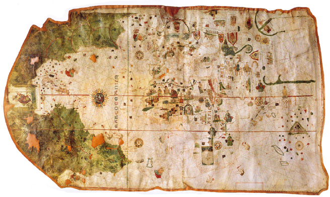 Imagen 2. Primera obra cartográfica donde aparece el Nuevo Mundo. Realizada por Juan de la Cosa en 1500: https://bit.ly/3A4mqZI